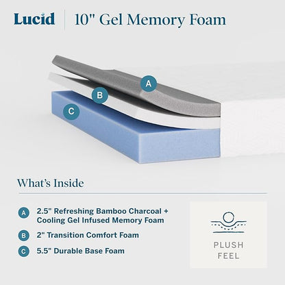 Lucid 10 Inch Memory Foam Mattress - Plush Feel - Infused with Refreshing Bamboo Charcoal and Cooling Gel - Bed in a Box - Temperature Regulating - Pressure Relief - Breathable - Full Size