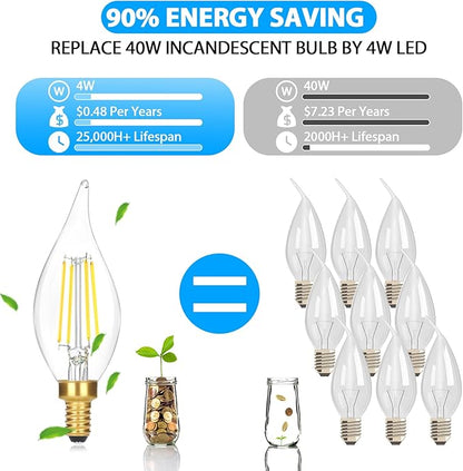 E12 LED Candelabra Bulbs 40W Equivalent, 6-Pack 4W 460LM Dimmable Candle Light, 5000K Daylight White Chandelier Bulbs, Flame Tip CA10 for Ceiling Fan, Home Decor