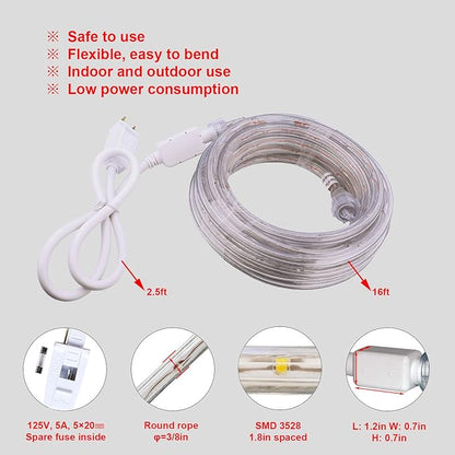 Red LED Lights, 16ft Rope Lights, Flexible and Connectable Strip Lighting, Waterproof for Indoor Outdoor Use, 360 Beam Angle, High Brightness for Home Christmas Thanksgiving Halloween