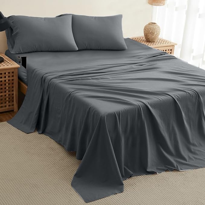 DREAMCARE Queen Sheet Set – 4 pcs Cooling Sheets – up to 21” Extra Deep Pocket Queen Sheets – Hotel Luxury Sheets & Pillowcases – Superior Softness 100% Fine Microfiber with Side Pocket – Dark Gray