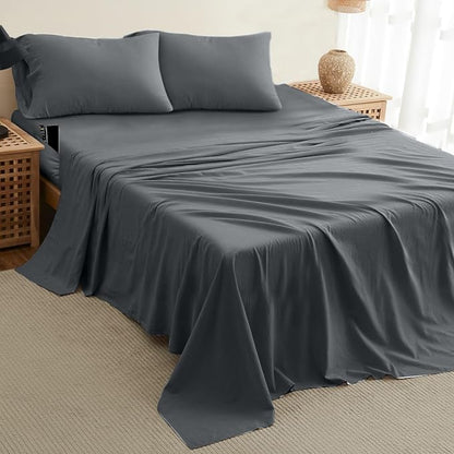 DREAMCARE Queen Sheet Set – 4 pcs Cooling Sheets – up to 21” Extra Deep Pocket Queen Sheets – Hotel Luxury Sheets & Pillowcases – Superior Softness 100% Fine Microfiber with Side Pocket – Dark Gray