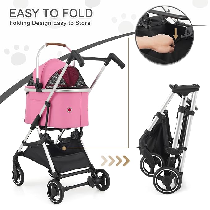 MoNiBloom Pet Stroller for Small/Medium Dogs w/Detachable Carrier & Lightweight Aluminum Frame, Folding Jogging Travel Stroller, Pink-Mewly Pet