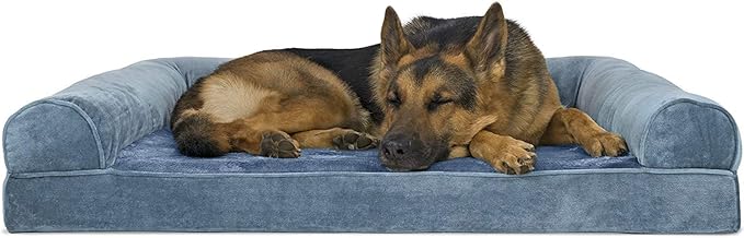Furhaven Orthopedic Dog Bed for Large Dogs w/ Removable Bolsters & Washable Cover, For Dogs Up to 95 lbs - Faux Fur & Velvet Sofa - Harbor Blue, Jumbo/XL-Mewly Pet