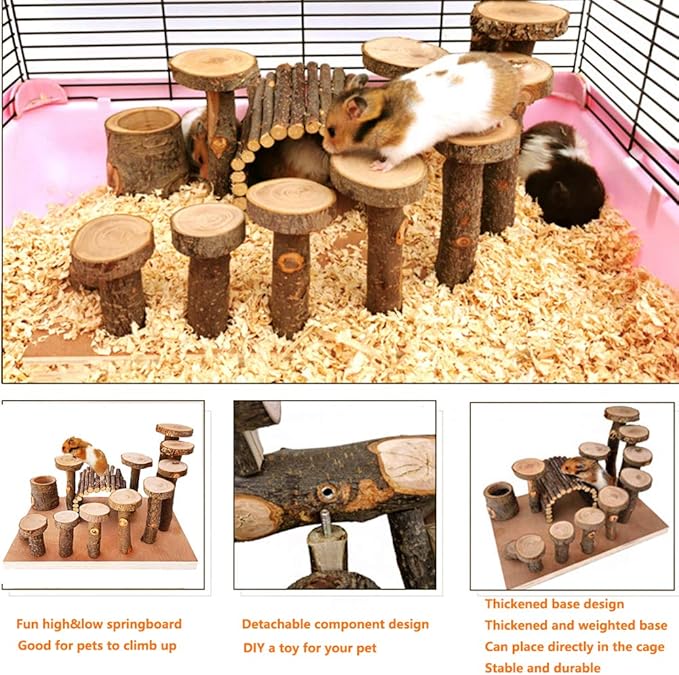 Wooden Chinchilla Platform Toy - Activity Playground Stand Ladder Hideout Set Bridge Ramps Chew Toys for Mouse, Dwarf Hamster, Gerbil, Rat, Sugar Glider, Syrian Hamster, Small Animals-Mewly Pet
