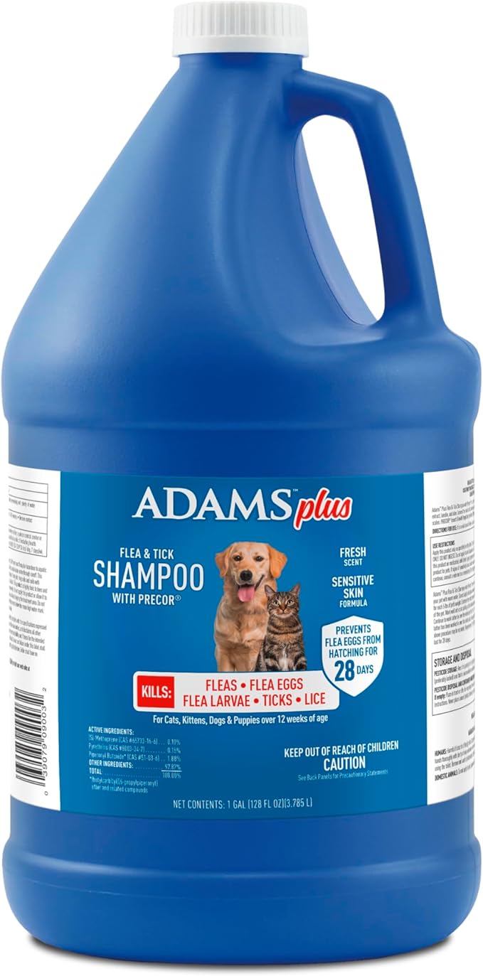 ADAMS Plus Flea & Tick Shampoo with Precor IGR for Cats, Kittens, Dogs & Puppies Over 12 Weeks Of Age, Sensitive Skin Flea Treatment, Kills Adult Fleas, Flea Eggs, Ticks, and Lice, 1 Gallon-Mewly Pet