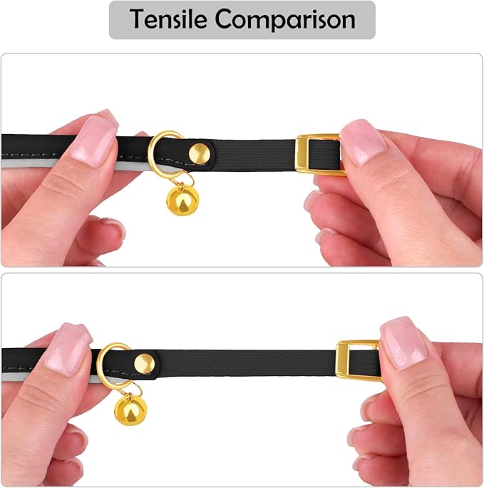 OOPSDOGGY Rolled Leather Cat Collar with Bell - Reflective Kitten Collar with Safety Elastic Strap - Adjustable Small Pet Collars for Boy Girl Cats (Black)-Mewly Pet