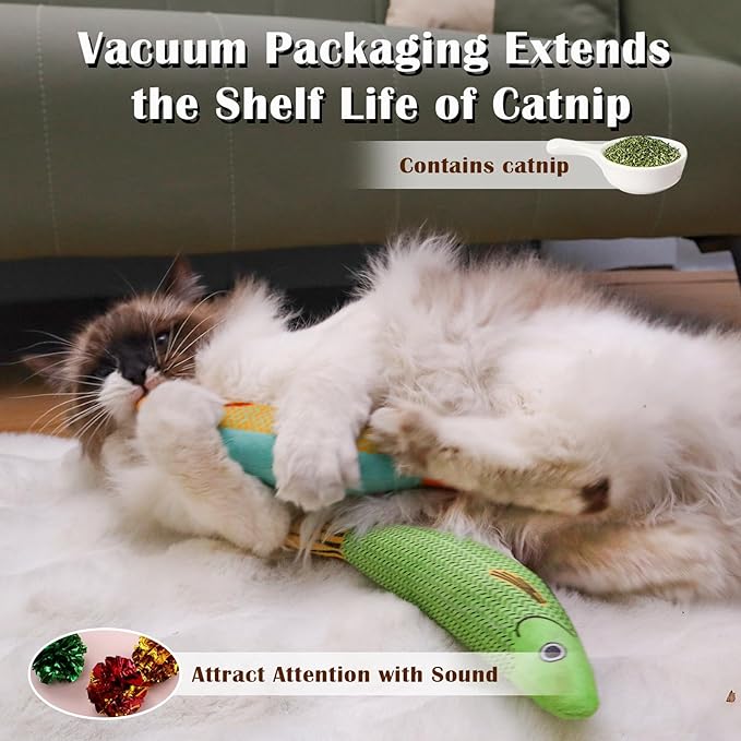 Cat Toys 4 Pack, Fish Shaped Catnip Toys with Crinkle Sound, Durable Interactive Chew & Kicker Toys for Indoor Cats, 8.1 Inch for All Breeds-Mewly Pet