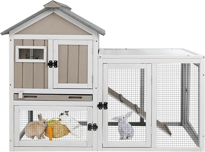 48" L Rabbit Hutch Outdoor Indoor Bunny Hutch Weatherproof, 2-Story Wood Rabbit Cage with Deep Tray, Chew-Resistant Ramp, UV Roof, Bunny House for Small Animal, Expandable Guinea Pig Cage-Mewly Pet