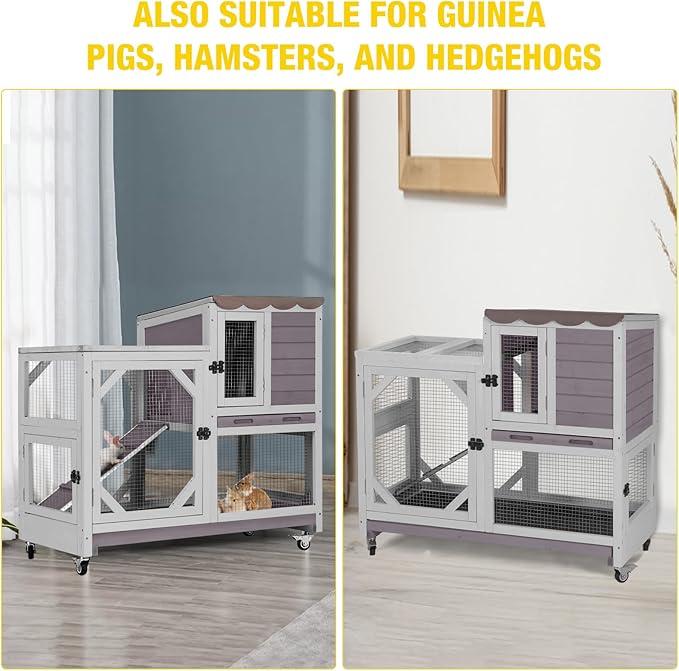 AIVITUVIN 2-Story Rabbit Hutch Indoor for 2-4 Rabbits & Guinea Pigs Wooden Small Animal Cage Guinea with Chew-Proof Design & Slide-Out Trays Bunny Cage with Lockable Wheels-Mewly Pet