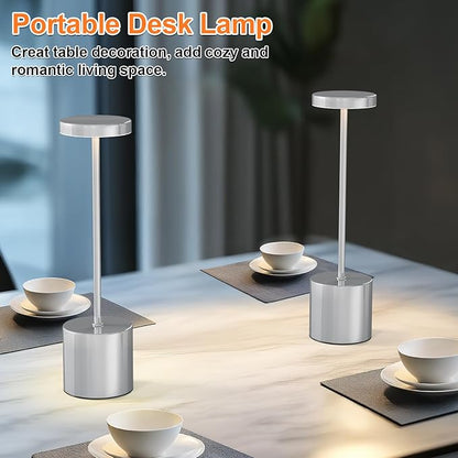 Cordless Table Lamp – 2 Pack Rechargeable Table Lamps, 5000mAh Battery Operated Lamp with 3-Color Dimmable Light, Outdoor Table Lamp for Bedroom, Restaurant, Patio, Home Décor (Silver)
