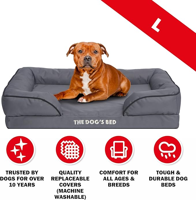 The Dog’s Bed, Orthopedic Standard Foam Waterproof Dog Bed with Standard Support, Large Grey with Black Trim, Waterproof, Supportive Dog Bed with Replaceable Covers, Veterinary Approved-Mewly Pet