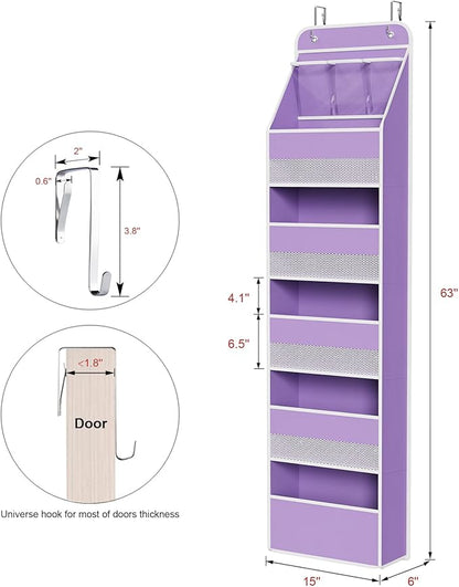 Univivi 6-Shelf Over Door Hanging Organizer Fabric Baby Door Storage with 5 Large Pockets and 3 Small PVC Pockets Wall Mount Hanging Storage Organizers for Baby Essential (Purple)