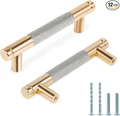 Knurled Cabinet Pulls 12 Pack, 4 Inch Long Cabinet Handles Metal Door Pulls, Kitchen Drawer Pull Knurled Dresser Handles - 3" Hole to Hole, Grey & Gold