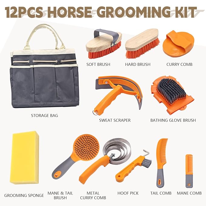 Horse Grooming Kit, Horse Grooming Supplies Includes 12 Horse Hair Care Tools Such as Handbag, Horse Brush, Horse Comb, Hoof Pick, Sweat Scraper, Etc., Suitable Gifts for Horse Riding Enthusiasts-Mewly Pet