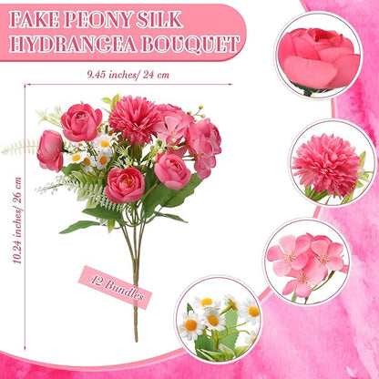 Tigeen 12 Bundles Peonies Artificial Flowers Faux Roses Silk Flowers Hydrangea Artificial Bouquet for Wedding Table Centerpiece Floral Vase Home Office Bridal Decor (Rose Pink)