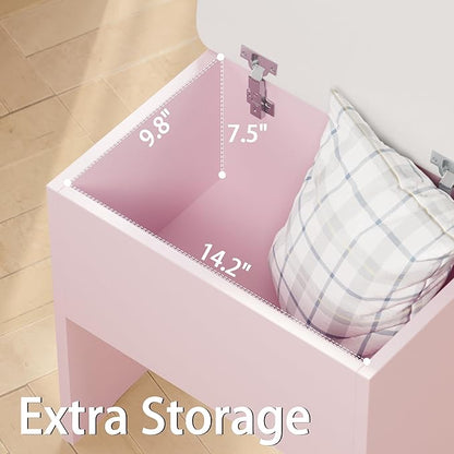 LIKIMIO Small Makeup Vanity Desk with Mirror and Lights, Vanity Table Set with Storage Drawer, Chair and Three Shelves, Bedroom, Pink