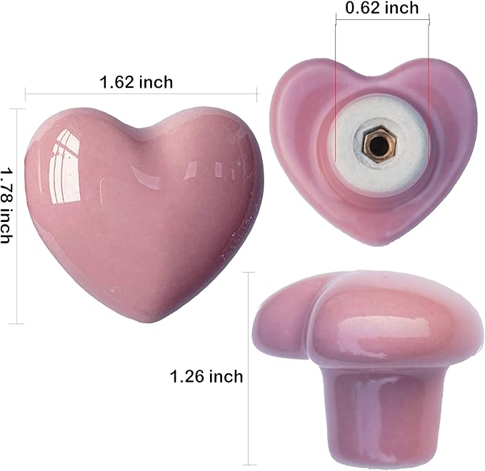 Ceramic Drawer Knobs Heart Shape Cabinet Dresser Pulls Handles with 3 Sized Screws, Kitchen Furniture Knobs for Closet Cupboard Wardrobe (6, Pink)