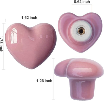 Ceramic Drawer Knobs Heart Shape Cabinet Dresser Pulls Handles with 3 Sized Screws, Kitchen Furniture Knobs for Closet Cupboard Wardrobe (6, Pink)