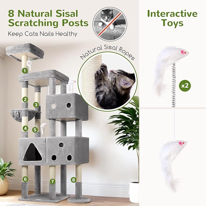 Globlazer Extra Large Cat Tower, 81-inch Tall Cat Tree for Big Cats 20 lbs, XXL Heavy Duty Cat Scratching Tower for Indoor Adult Cats with 3 Cat Condos, 8 Scratching Posts, F81, Light Grey-Mewly Pet