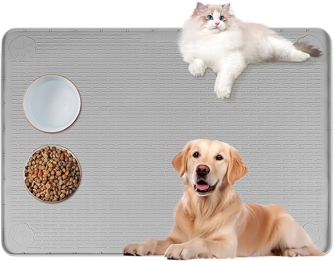 Cat Food Mat, 40" x 28" Extra Large Silicone Pet Feeding Mat with Raised Edge Pet Placemat for Food and Water Bowl Non-Slip, Easy to Clean, Floor Protection (Grey)-Mewly Pet