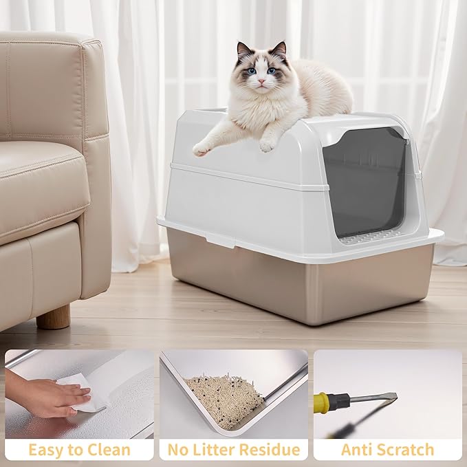 Stainless Steel Litter Box with Lid, XL Extra Large Cat Litter Box, Enclosed Metal Litter Pan with High Sided Enclosure & Scoop, Anti Leakage, Easy to Clean, Odor Control (White)-Mewly Pet