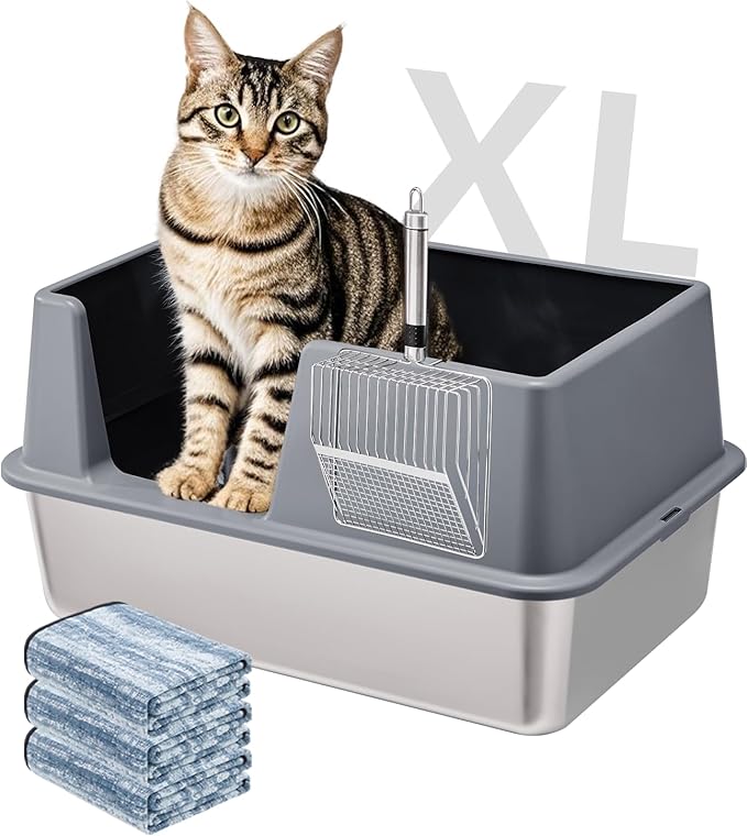 Stainless Steel Litter Box with Lid, 23.5" L x 15.8" W x 12.6" H, XL Metal Cat Box for Big Cats, High Sided Kitty Litter Box with Scoop & Pee Pads, Non-Sticky, Anti-Leakage, Easy to Clean (Gray)-Mewly Pet