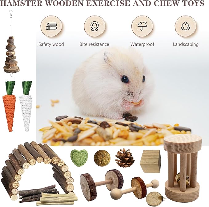 Hamster Toys Set,Guinea Pig Toys Small Animal Chewing Toy and Rat Cage Accessories, 16 Different,Hamster Small Animal Hideout ,Chinchillas, Gerbils, Rats, Rodents Teeth Care,Natural Molar Tools-Mewly Pet