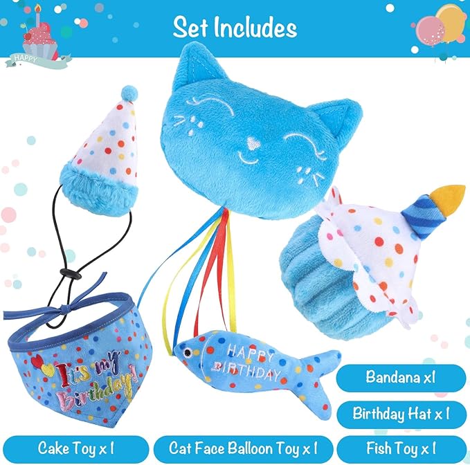 BINGPET Cat Birthday Catnip Toys for Indoor Cats,Cat Birthday Hat,Bandana and Cat Birthday Cake Interactive Plush Kitten Chew Toys,Cute Fish,Balloon Toys with Crinkle Paper and Catnip Inside(Sky Blue)-Mewly Pet
