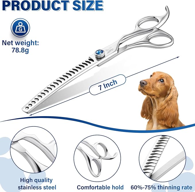 JASON 7" Curved Chunker Dog Scissors - Ergonomic Dog Grooming Scissors Silver Curved Dog Shears 440C Stainless Steel Grooming Shears Professional Pet Shears For Groomer (21-Teeth)-Mewly Pet