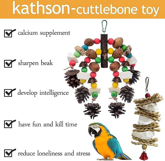 kathson Parrot Chew Toys, Medium Size Natural Wooden Bird Toys with Colorful Blocks, Hanging Bird Cage Accessories for Cockatiels, Conure, Cockatoos, 2 Pack (Style B)-Mewly Pet