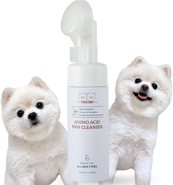 YUKIMI Premium Amino Acid Paw Cleanser with Silicone Bristle Brush for Dogs & Cats | Dermatologist Certified Hypoallergenic | Hydrating, Soothing, Deodorizing, Moisturizing | pH Balanced - 5.0 Fl Oz-Mewly Pet