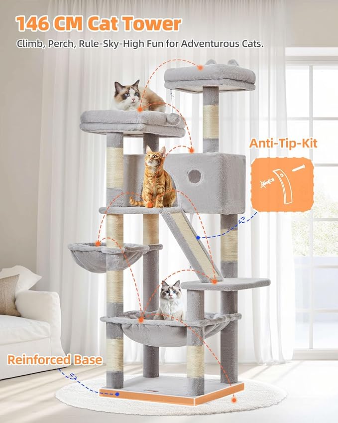 Taoqimiao Cat Tree 57.5-Inch, Cat Tower for Indoor Cats Large Adult, Extra Large Cat Condo, 8 Sisal Scratching Posts, Metal Frame Cozy Hammock, Durable Scratch Board, 2 Top Perches, Light Gray MS026W-Mewly Pet