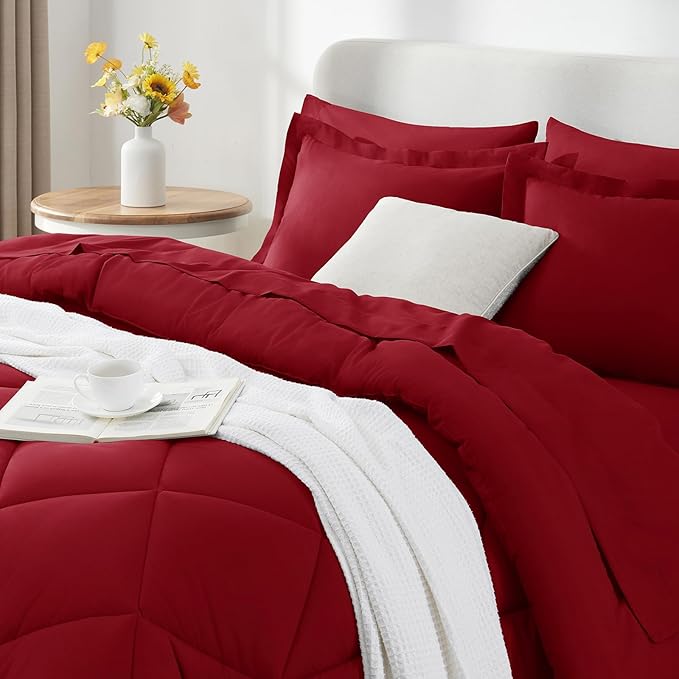 CozyLux Full Size Comforter Sets Dark Red - 7 Pieces Bed in a Bag Full, Luxury Soft Bed Set for All Seasons, Bedding Set with Down Alternative Comforter, Sheets, Pillowcases & Shams
