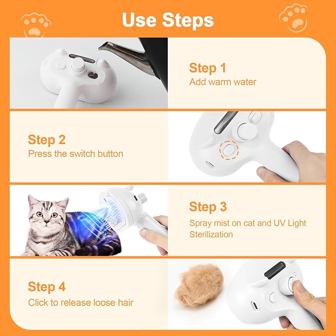 Cat Steam Brush for Shedding, 4 in 1 Steamy Cat Brush with Release Button, Self Cleaning Metal Pet Misting Hair Comb with Handle for Grooming Kitten Dog(White)-Mewly Pet