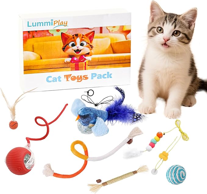 Cat Toys for Indoor Cats-7 Pieces Emrichment with Speedy Tail Moving Ball,Chirping Bird,Silvervine Sticks,Chew Rope,2 Cat Ball Toy,Hanging Caterpillar,Interactive Cat Toys for Bored Indoor Adult Cats-Mewly Pet