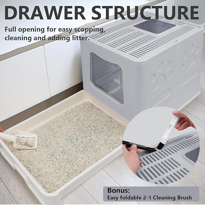 XL Foldable Cat Litter Box with Lid - Jumbo Enclosed Potty - Top Entry Anti-Splashing Toilet - Includes Scoop & 2-in-1 Cleaning Brush (Grey)-Mewly Pet