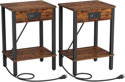 VIMBER Set of 2 End Table with Charging Station, Narrow Side Table with USB Ports and Outlets, Nightstands with 2-Tier Storage Shelves, Sofa Table for Small Space Living Room Bedroom