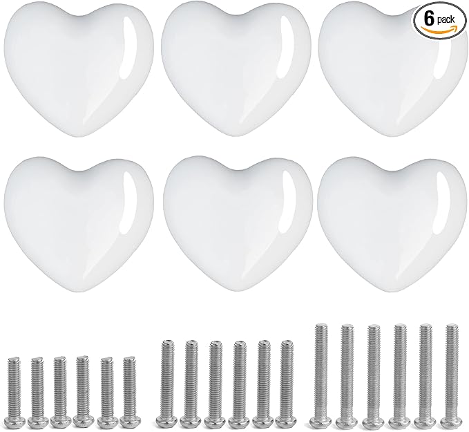 Ceramic Drawer Knobs Heart Shape Cabinet Dresser Pulls Handles with 3 Sized Screws, Kitchen Furniture Knobs for Closet Cupboard Wardrobe (6 Pack, White)