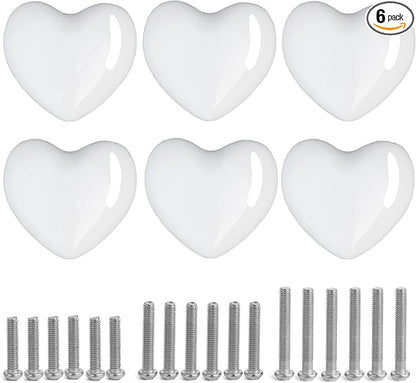 Ceramic Drawer Knobs Heart Shape Cabinet Dresser Pulls Handles with 3 Sized Screws, Kitchen Furniture Knobs for Closet Cupboard Wardrobe (6 Pack, White)