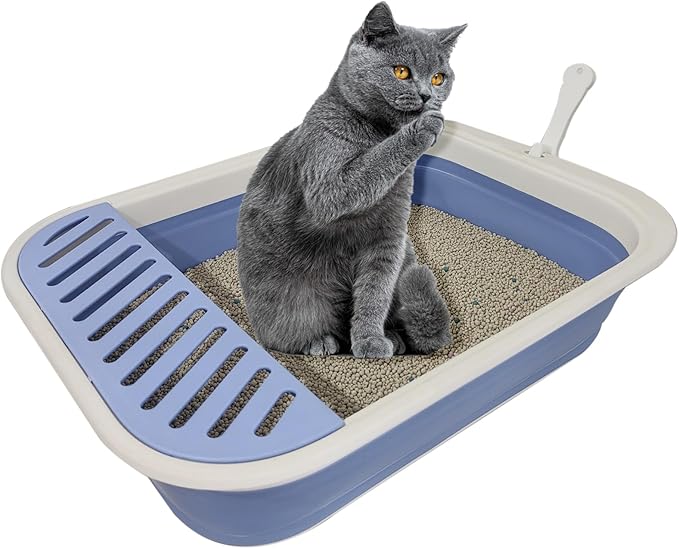 Senior Cat Litter Boxes, Collapsible Open Low Entry Cat Litter Pan with Scoop Travel Kitty Potty Pan Foldable Pet Toilet for Sick Disabled Older Elderly Cats 20.9x15.7x5.7 inch-Mewly Pet