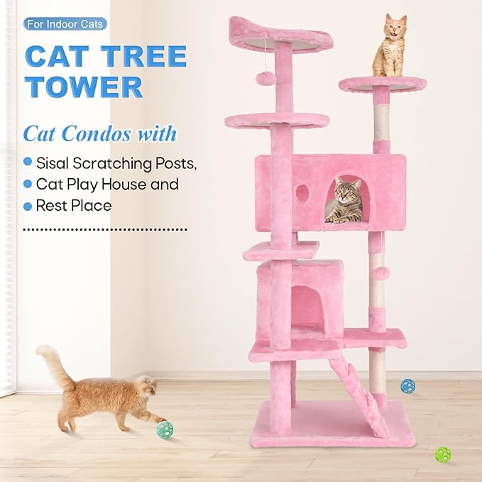 FDW Cat Tree 54in Cat Tower Multi-Level Durable Cat Scratching Post & Cozy Fun Cat Jumping Platform Space Saving Cat Condo Pet Play House for Indoor Cats,Pink-Mewly Pet