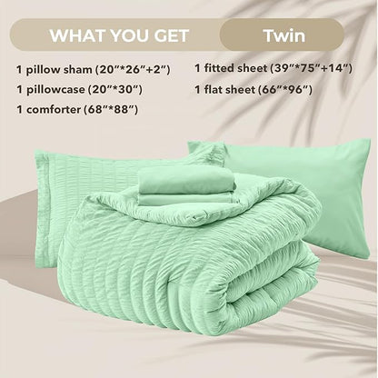 HYMOKEGE Mint Green Twin Comforter Set Seersucker 5 Pieces, All Season Luxury Bed in a Bag for Bedroom, Bedding Set with Comforter, Sheets, Pillowcase & Sham