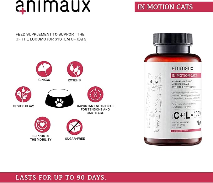 animaux - in Motion Cats, Green-lipped Mussel, Devil's Claw, Rose Hip & Ginkgo, Support for Bones, Joints, Cartilage, tendons, with Hyaluron, Collagen, 90 chewable Tablets, 90 Days Supply-Mewly Pet