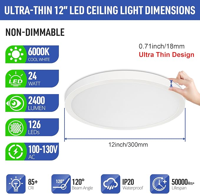 SunRider 2-Pack LED Flush Mount Ceiling Light Fixture, 6000K Cool White, 2400LM, 12 Inch 24W 240W Equiv. Round Flat Ceiling Lights, Non-Dimmable