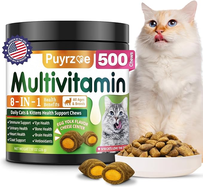 Cat Multivitamin - 500 Chews Crunchy & Creamy Cheese Core, Cat Vitamins + Taurine for 8-in-1 Support - Immune, Urinary, Heart, Skin & Coat, Eyes, Brain, Bone for Cats Kittens - Egg Yolk Flavor-Mewly Pet