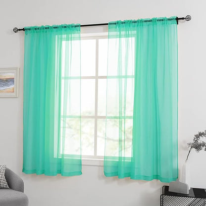 HUTO Window Sheer Turquoise Curtains for Bedroom Rod Pocket Voile Sheer Drapes for Living Room 2 Panels Curtains Each is 52 inches Wide by 63 inches Long
