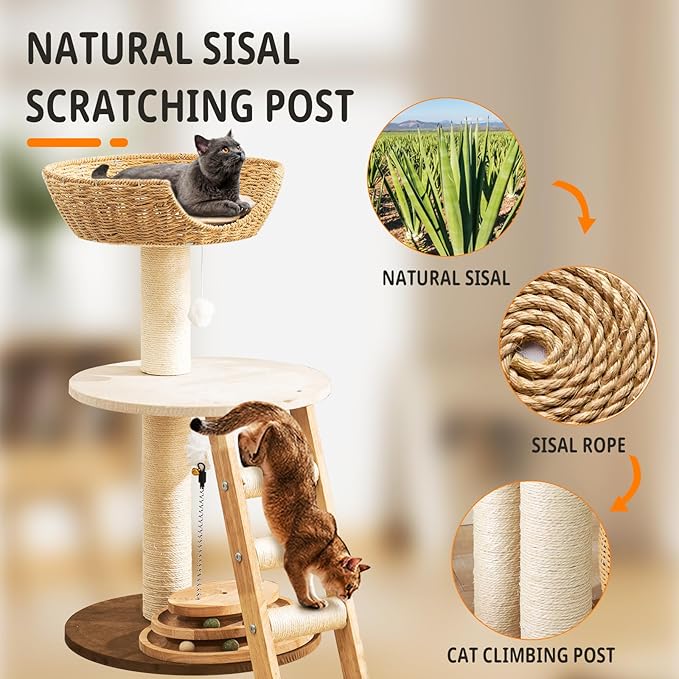 Natural Wood Modern Cat Tree with Top Cats Bed, Unique Cute Cats Furniture Activity Centre with Sisal Rope Scratching Posts, Cats Tower Condo with Interactive Cat Toy Tree-Mewly Pet