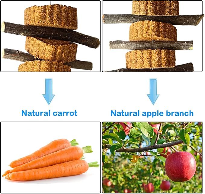 kathson Natural Small Animal Chew Toys for Teeth,4 PCS Rabbit Hanging Chewing Treats with Natural Organic Apple Stick Timothy Grass Carrot Cake for Hamsters Squirrel Guinea Pig Rabbits-Mewly Pet