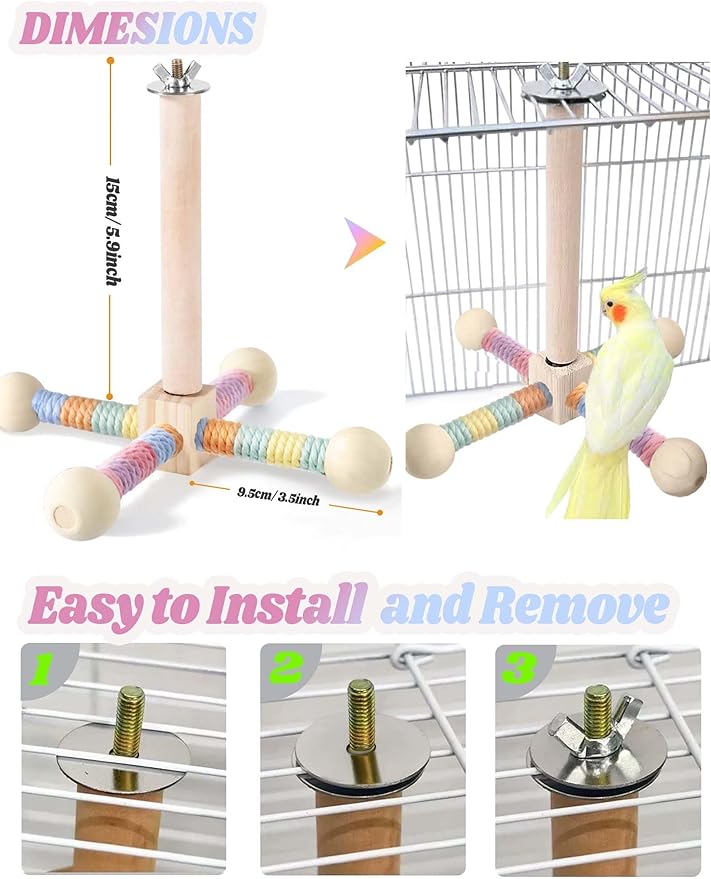 Bird Stand Perch Toy for Small & Medium Birds, 360° Rotating Natural Wooden Parrot Perchs for Bird Cages, Interactive Spinning Toy fo Parrot Parakeets Cockatiels Lovebirds Conures Finches Budgies-Mewly Pet