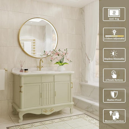 28 Inch Round LED Bathroom Mirror, Gold Metal Framed Lighted Mirror for Bathroom, Wall Mouted LED Vanity Mirror with Lights, 3 Colors and Stepless Dimmable, Anti-Fog, Memory